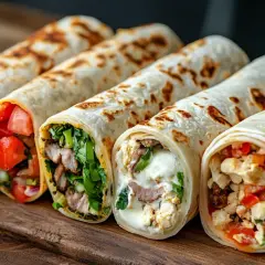 Fünf bunte Wraps mit Hähnchen, Gemüse und Käse, ein leckeres wraps rezept.