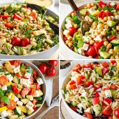 Vier Schüsseln mit frischen, bunten Salaten, die sich perfekt für moderne Salate Rezepte eignen. Mit Orzo, Kichererbsen, Gemüse und Feta.