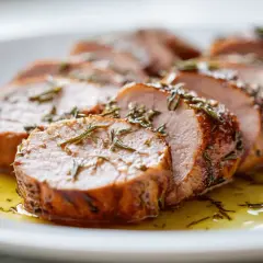 Saftiges schweinefilet im airfryer, in Scheiben geschnitten und mit Rosmarin bestreut, liegt auf einem Teller in einer goldenen Sauce.