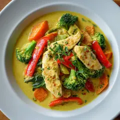 Ein Teller mit cremigem Curry Geschnetzeltes, garniert mit frischen Kräutern. Darin Hähnchenstreifen, Brokkoli, Karotten und rote Paprika.