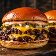 Zwei saftige Smash Burger mit geschmolzenem Käse, Gurken und Zwiebeln auf einem Holzbrett.