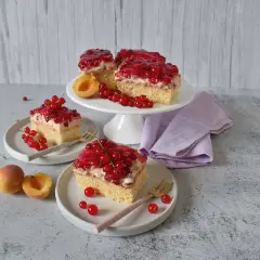 Saftiger Johannisbeerkuchen mit Quark und Pudding, garniert mit frischen roten Johannisbeeren und Aprikosen.