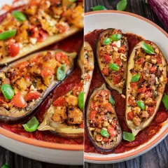 Gefüllte Auberginen im Ofen, ein köstliches Gericht mit Tomaten, Käse und Kräutern. Perfekt für leckere Auberginen Rezepte im Backofen.