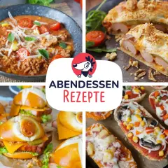 Vier leckere Ideen für ein schnelles Abendbrot: herzhafte Suppe, Würstchen im Blätterteig, Mini-Burger und belegte Baguette-Scheiben.
