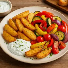 Ofenkartoffeln rezept: goldbraune Kartoffelspalten mit bunten Paprika, Zucchini, Tomaten und Dip.