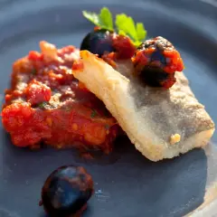Baccalà alla livornese: ein Stück gebratenes Kabeljaufilet mit Tomaten, Oliven und Petersilie auf einem grauen Teller.