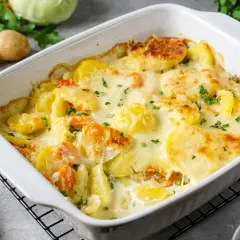 Herzhafter Kartoffel-Gemüse-Auflauf, goldbraun überbacken mit Käse. Ein köstliches Auflauf Rezept für die ganze Familie.