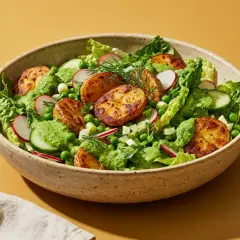 Ein bunter green goddess salat mit gerösteten Kartoffeln, Erbsen, Radieschen und Gurken, beträufelt mit cremiger grüner Soße.