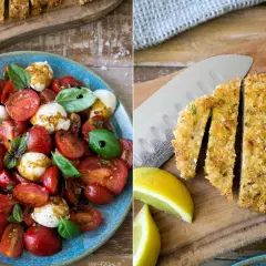 Tomate Mozzarella Salat mit frischem Basilikum und paniertes Schnitzel, dazu Zitronenspalten.