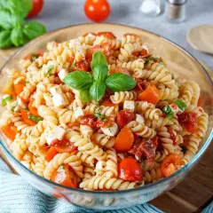 Ein köstlicher mediterraner Nudelsalat mit Fusilli, Kirschtomaten, Mozzarella und frischem Basilikum, garniert mit einem Basilikumblatt.