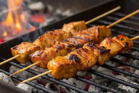 Saftige Hähnchenspieße garen über glühender Kohle. Ein perfektes Schaschlik Rezept für den Sommer.