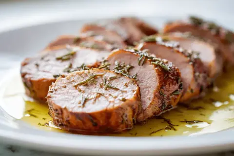 Saftiges schweinefilet im airfryer, in Scheiben geschnitten und mit Rosmarin bestreut, liegt auf einem Teller in einer goldenen Sauce.