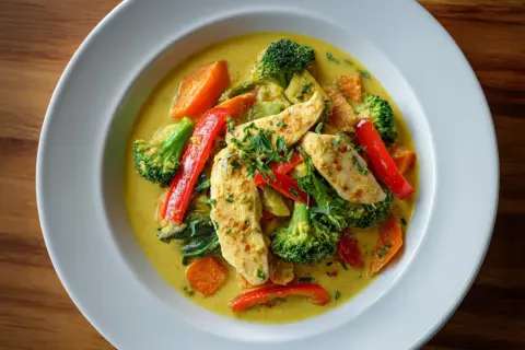 Ein Teller mit cremigem Curry Geschnetzeltes, garniert mit frischen Kräutern. Darin Hähnchenstreifen, Brokkoli, Karotten und rote Paprika.