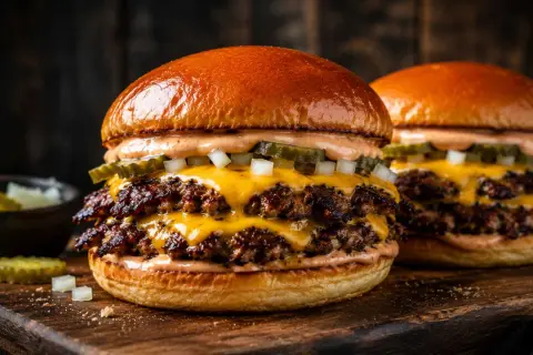 Zwei saftige Smash Burger mit geschmolzenem Käse, Gurken und Zwiebeln auf einem Holzbrett.