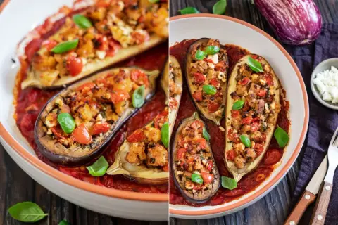 Gefüllte Auberginen im Ofen, ein köstliches Gericht mit Tomaten, Käse und Kräutern. Perfekt für leckere Auberginen Rezepte im Backofen.