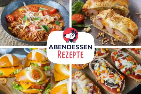 Vier leckere Ideen für ein schnelles Abendbrot: herzhafte Suppe, Würstchen im Blätterteig, Mini-Burger und belegte Baguette-Scheiben.
