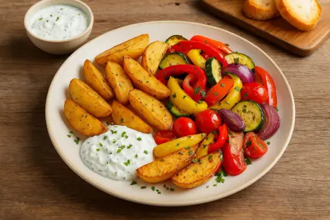 Ofenkartoffeln rezept: goldbraune Kartoffelspalten mit bunten Paprika, Zucchini, Tomaten und Dip.
