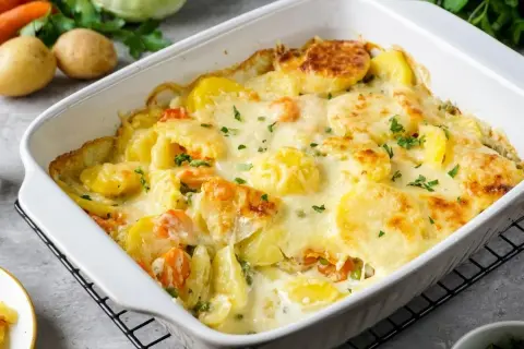 Herzhafter Kartoffel-Gemüse-Auflauf, goldbraun überbacken mit Käse. Ein köstliches Auflauf Rezept für die ganze Familie.
