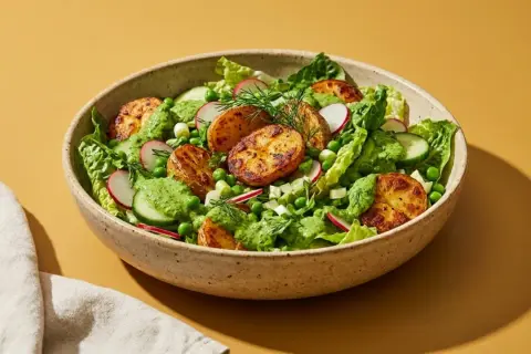 Ein bunter green goddess salat mit gerösteten Kartoffeln, Erbsen, Radieschen und Gurken, beträufelt mit cremiger grüner Soße.