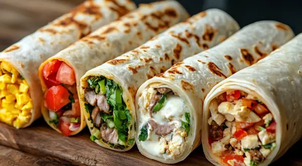 Fünf bunte Wraps mit Hähnchen, Gemüse und Käse, ein leckeres wraps rezept.
