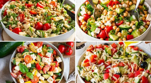 Vier Schüsseln mit frischen, bunten Salaten, die sich perfekt für moderne Salate Rezepte eignen. Mit Orzo, Kichererbsen, Gemüse und Feta.