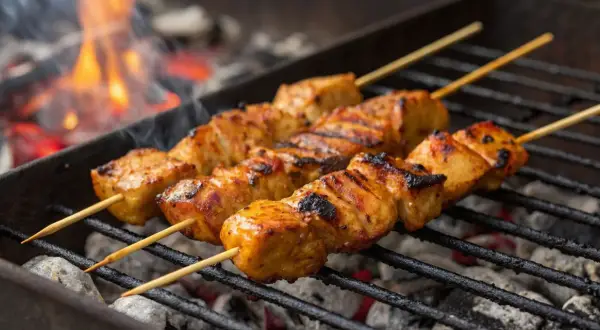 Saftige Hähnchenspieße garen über glühender Kohle. Ein perfektes Schaschlik Rezept für den Sommer.