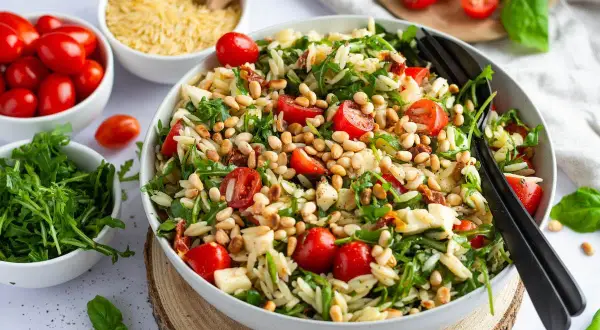 Leckere Orzo-Nudel-Salat-Rezepte mit Kirschtomaten, Rucola und Pinienkernen. Perfekt für leichte Mahlzeiten.