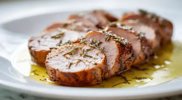 Saftiges schweinefilet im airfryer, in Scheiben geschnitten und mit Rosmarin bestreut, liegt auf einem Teller in einer goldenen Sauce.