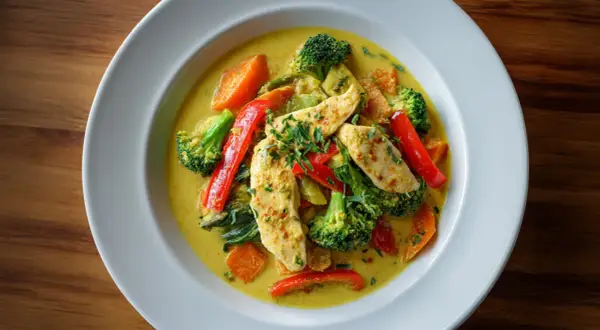 Ein Teller mit cremigem Curry Geschnetzeltes, garniert mit frischen Kräutern. Darin Hähnchenstreifen, Brokkoli, Karotten und rote Paprika.