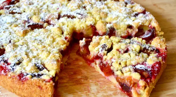 Saftiger Zwetschgenkuchen mit Hefeteig und Streuseln, frisch aus der Springform, mit Puderzucker bestäubt.