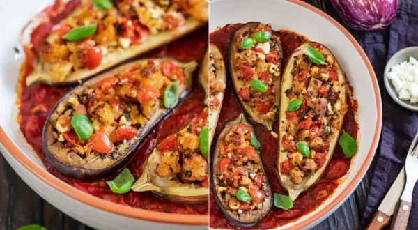 Gefüllte Auberginen im Ofen, ein köstliches Gericht mit Tomaten, Käse und Kräutern. Perfekt für leckere Auberginen Rezepte im Backofen.