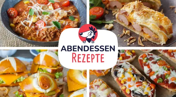 Vier leckere Ideen für ein schnelles Abendbrot: herzhafte Suppe, Würstchen im Blätterteig, Mini-Burger und belegte Baguette-Scheiben.