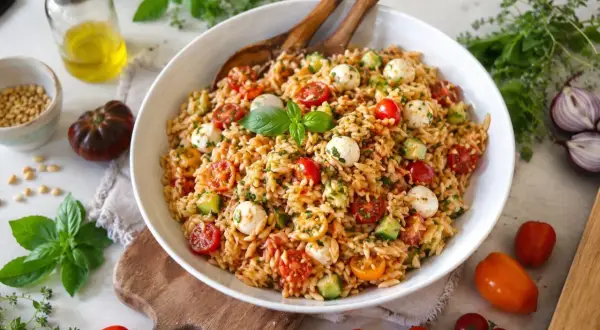 Ein bunter Risoni Salat mit Kirschtomaten, Mozzarella-Kugeln und Gurken, garniert mit frischem Basilikum.