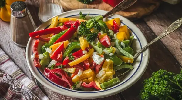 Bunter Paprika Salat mit Zwiebeln und Petersilie, serviert auf einem Teller mit zwei Löffeln.