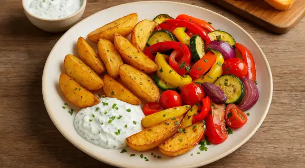 Ofenkartoffeln rezept: goldbraune Kartoffelspalten mit bunten Paprika, Zucchini, Tomaten und Dip.