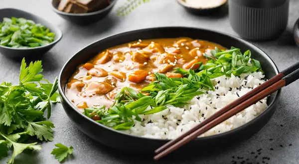 Ein Teller mit dampfendem japanischem Curry, Reis, Frühlingszwiebeln und Petersilie. Daneben kleine Schalen mit Currywürfeln und Gewürzen.