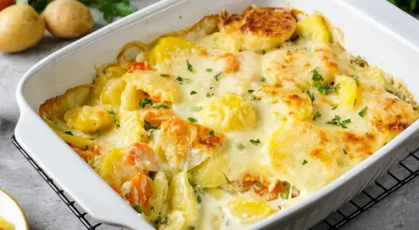 Herzhafter Kartoffel-Gemüse-Auflauf, goldbraun überbacken mit Käse. Ein köstliches Auflauf Rezept für die ganze Familie.