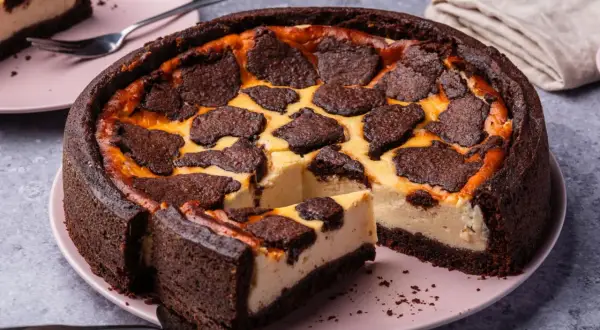 Ein saftiger russischer Zupfkuchen mit dunklem Schokoladenboden und cremiger Käsemasse, belegt mit zupfenden Schokoladenstückchen.