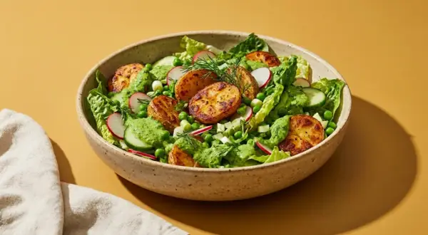 Ein bunter green goddess salat mit gerösteten Kartoffeln, Erbsen, Radieschen und Gurken, beträufelt mit cremiger grüner Soße.