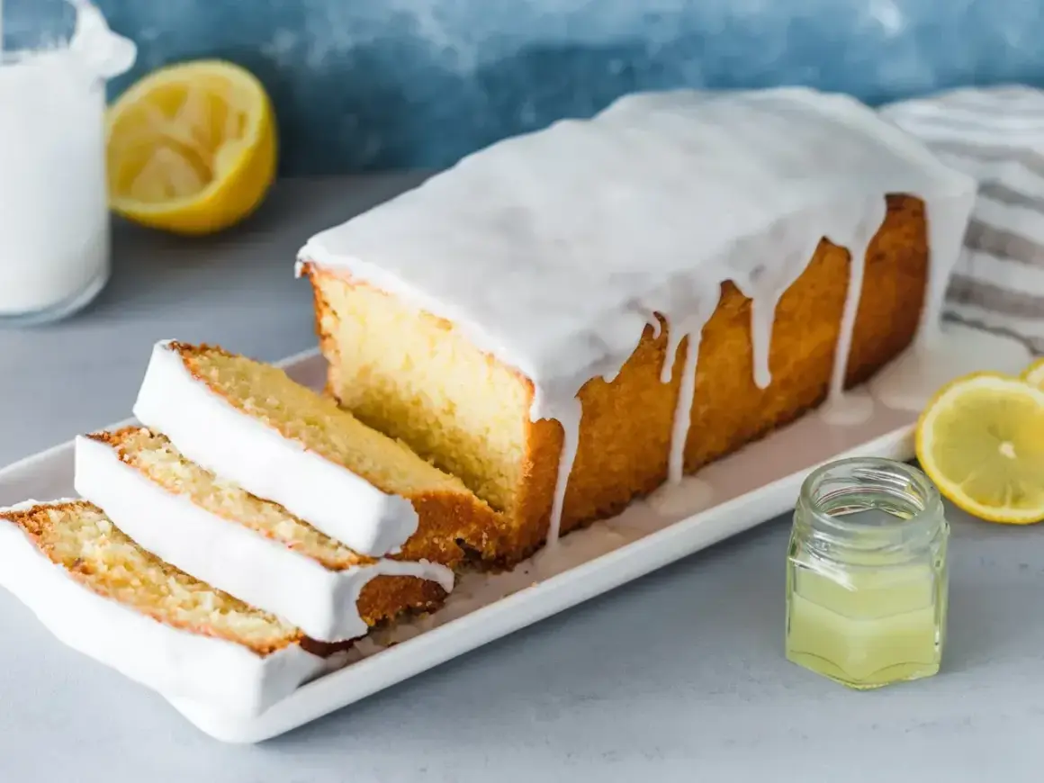 Saftiger Zitronenkuchen mit Zuckerguss, perfekt für ein einfaches zitronenkuchen rezept. Serviert mit frischen Zitronenscheiben.
