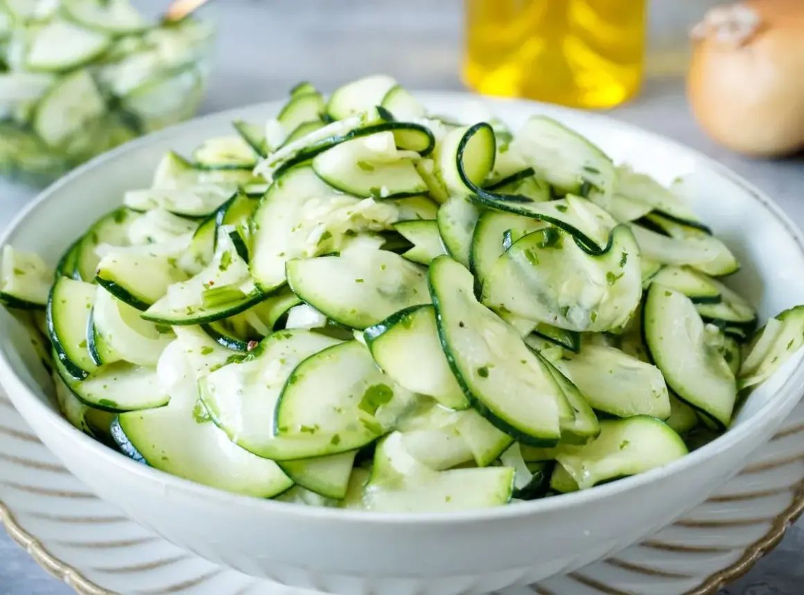Frischer Salat aus dünn geschnittenen Zucchinischeiben, mariniert mit Kräutern und Öl. Perfekt, um Zucchini roh zu essen.