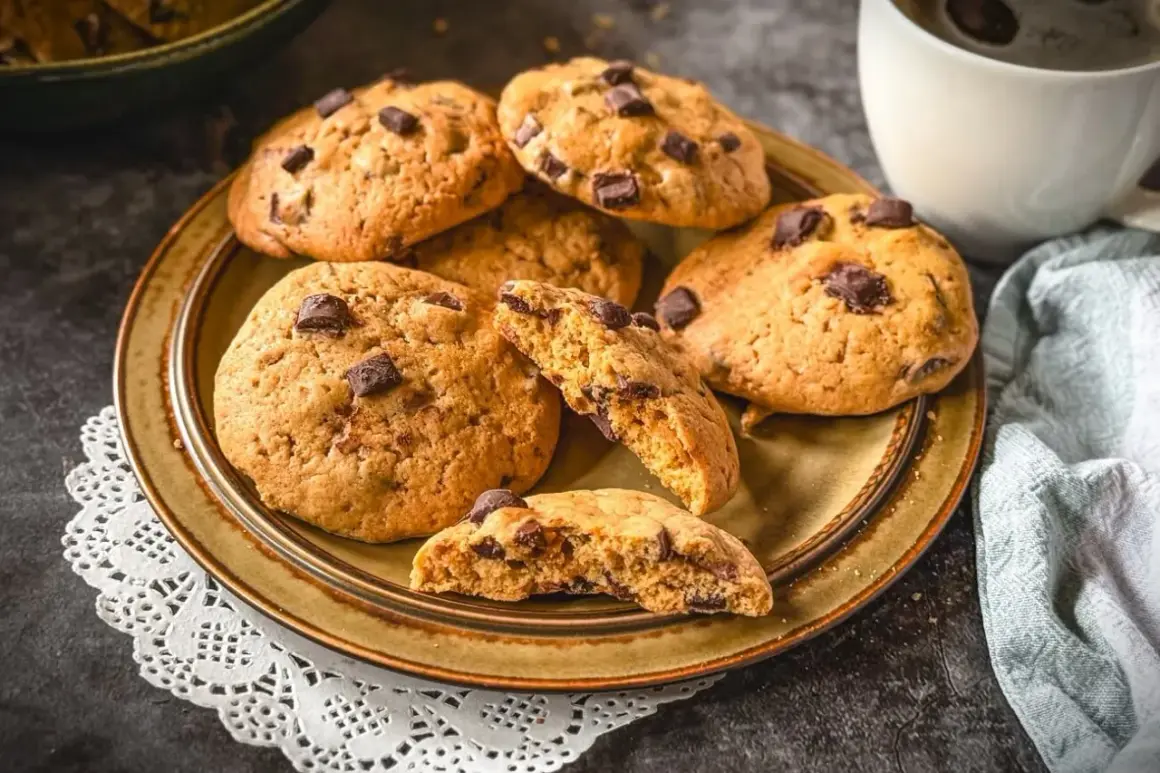 Saftige american cookies mit Schokoladenstückchen auf einem Teller, daneben eine Tasse Kaffee.