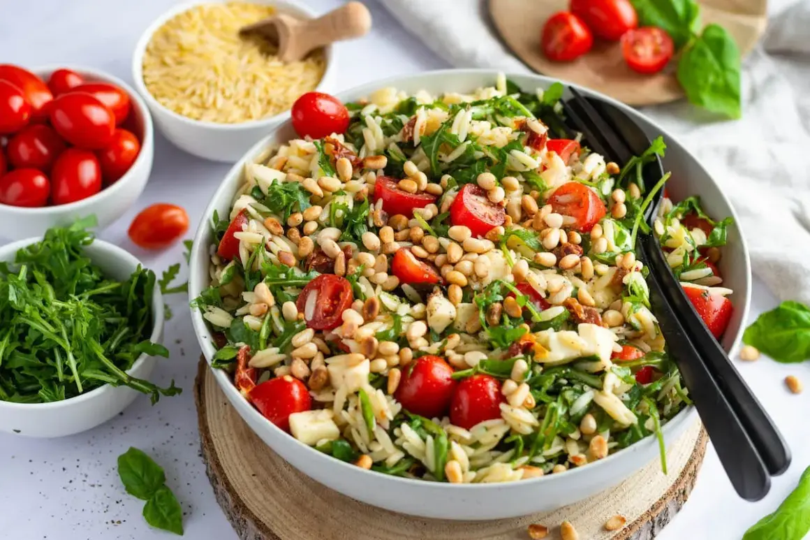 Leckere Orzo-Nudel-Salat-Rezepte mit Kirschtomaten, Rucola und Pinienkernen. Perfekt für leichte Mahlzeiten.