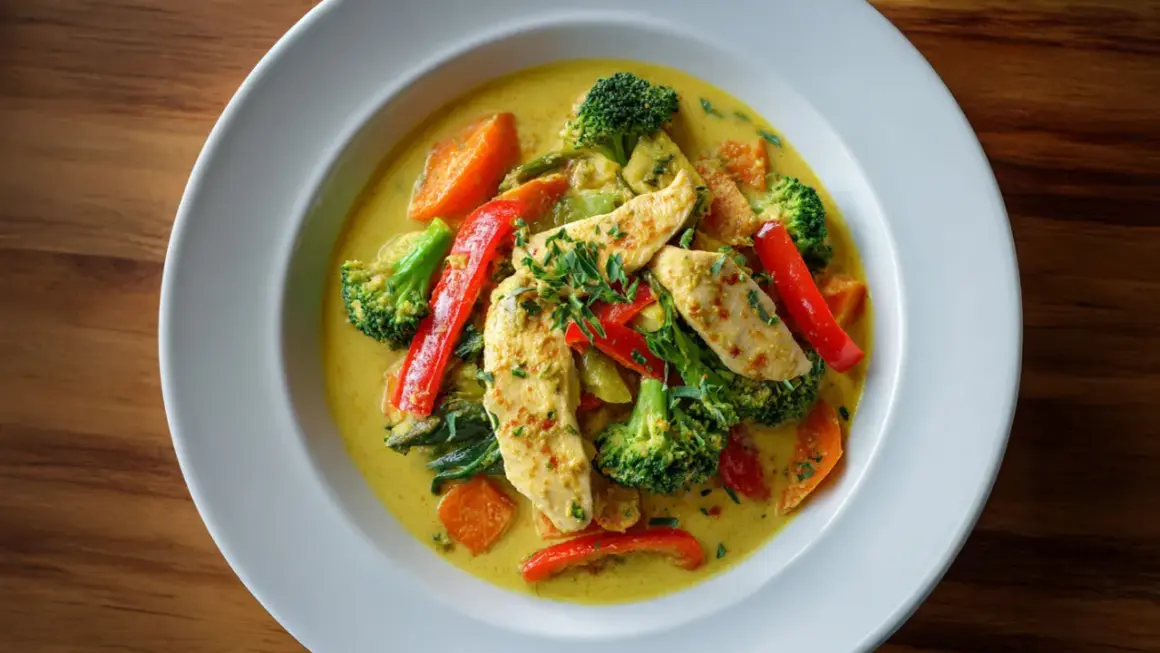Ein Teller mit cremigem Curry Geschnetzeltes, garniert mit frischen Kräutern. Darin Hähnchenstreifen, Brokkoli, Karotten und rote Paprika.