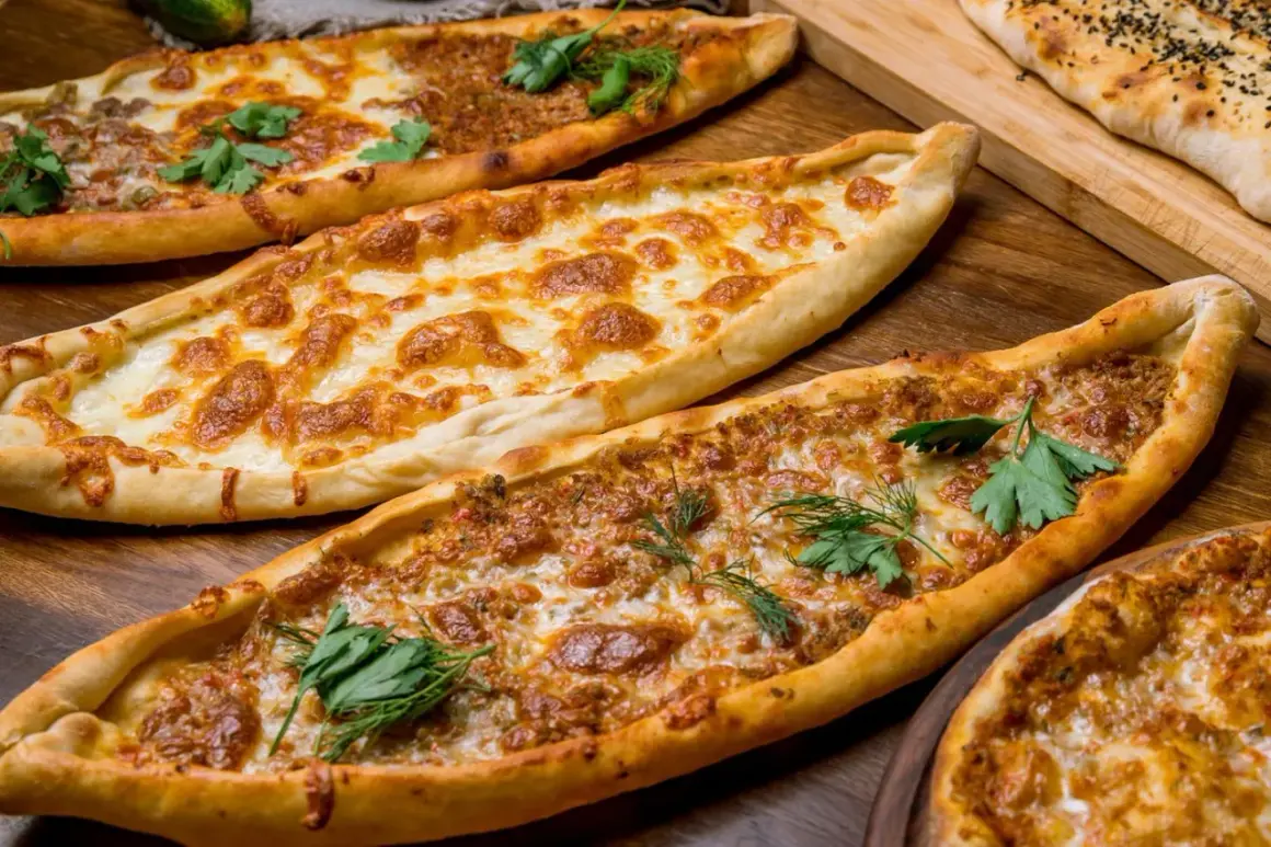 Mehrere Pide-Gerichte, darunter eines mit Käse und eines mit Hackfleisch, sind auf einem Holztisch angerichtet. Ein köstliches Pide Rezept!