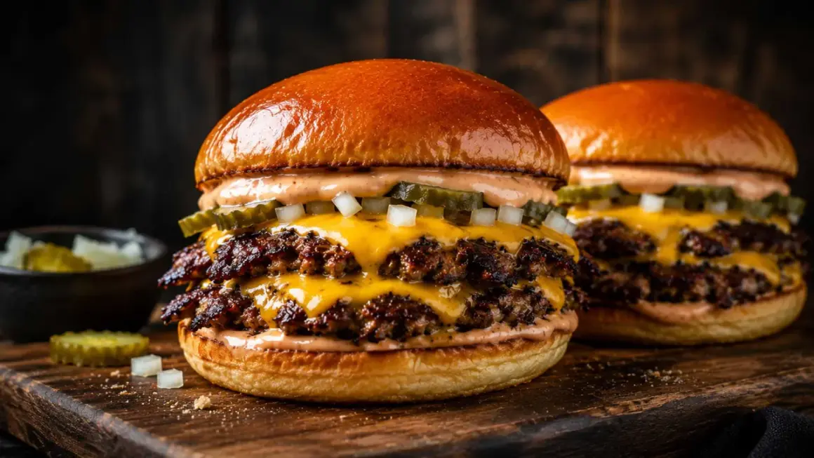 Zwei saftige Smash Burger mit geschmolzenem Käse, Gurken und Zwiebeln auf einem Holzbrett.
