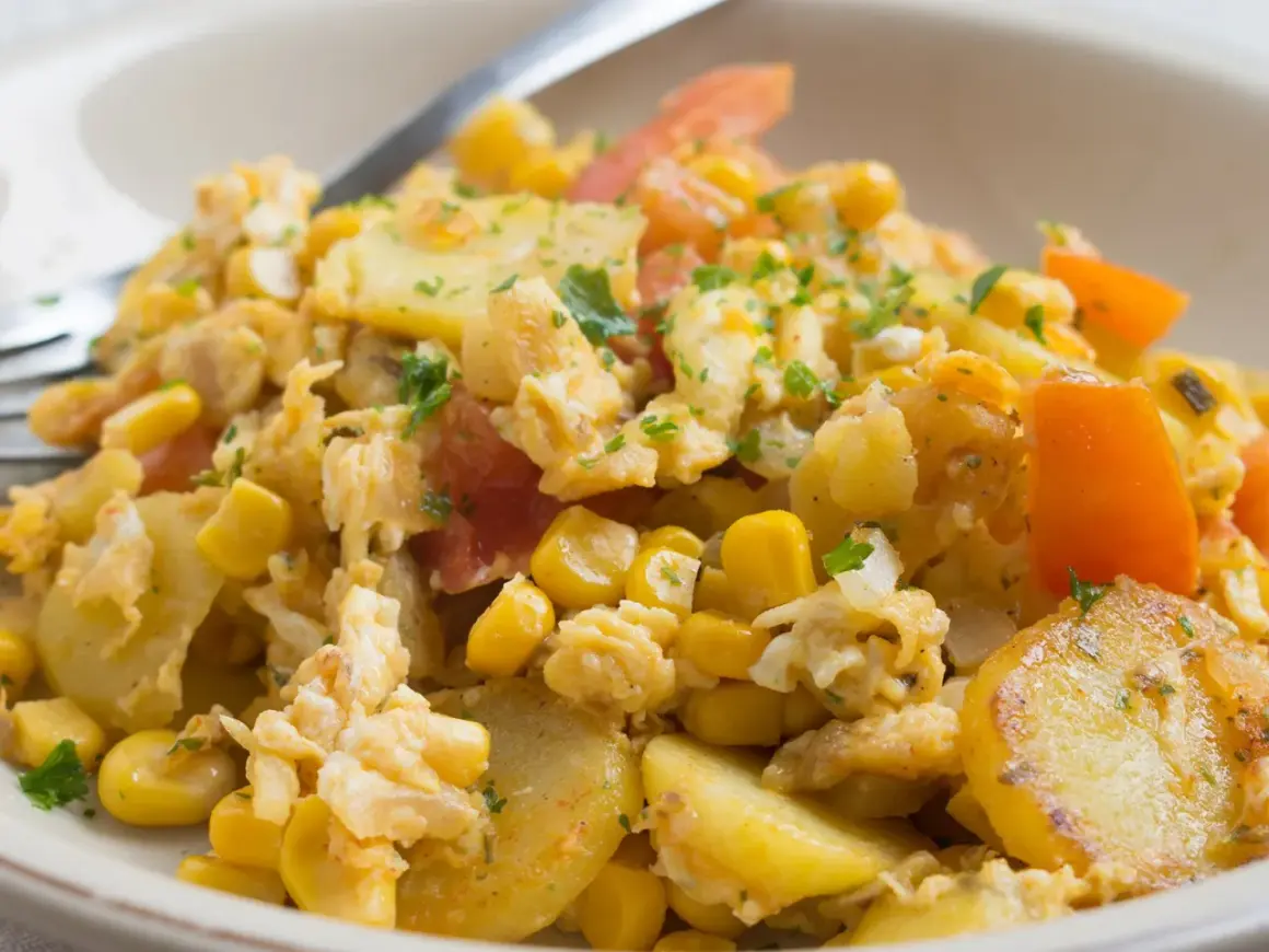 Herzhaftes Gericht mit Kartoffelscheiben, Rührei, Mais und Tomaten. Ein leckeres Beispiel für Kartoffel Gerichte.