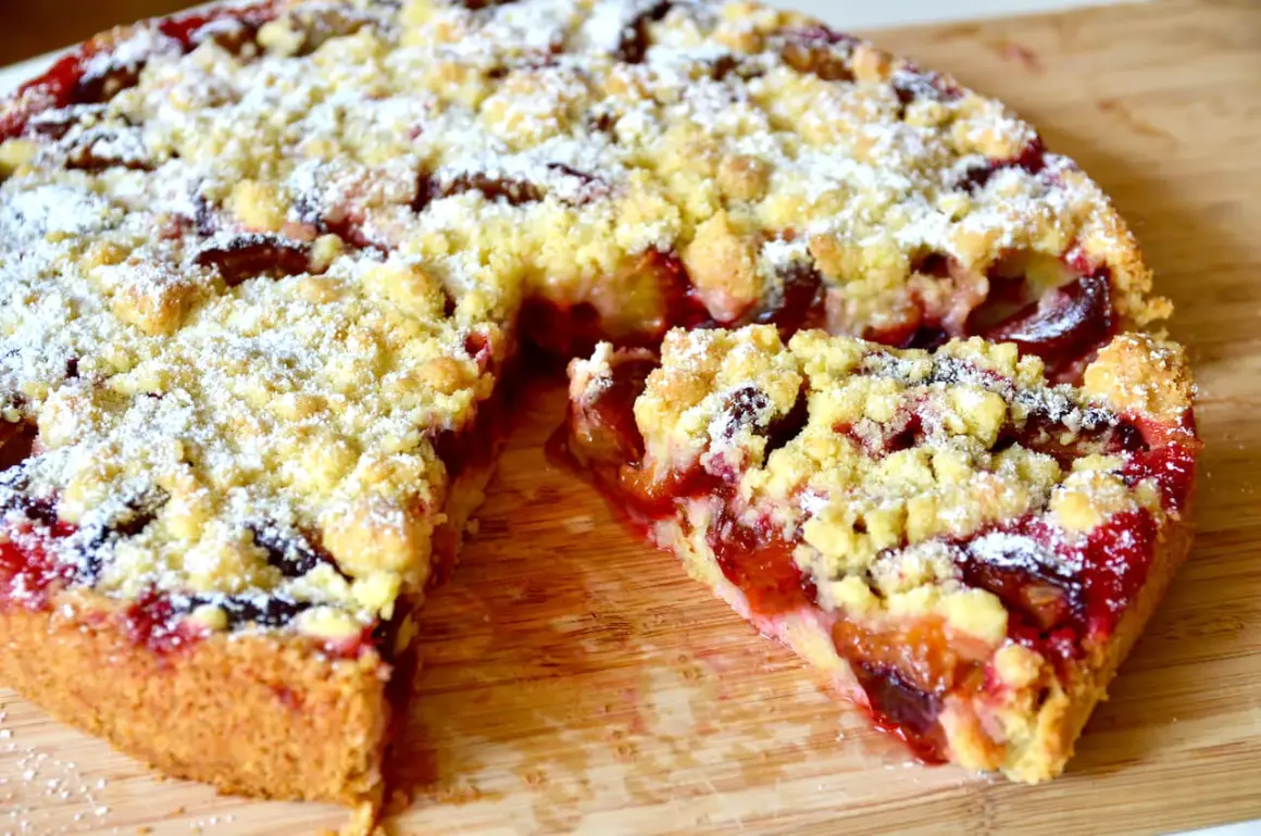 Saftiger Zwetschgenkuchen mit Hefeteig und Streuseln, frisch aus der Springform, mit Puderzucker bestäubt.