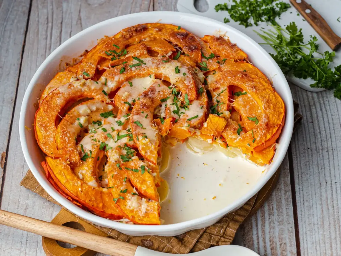 Herzhafte Hokkaido-Rezepte: Cremiger Auflauf mit Kürbis und Käse, garniert mit Petersilie. Ein Genuss für kalte Tage.