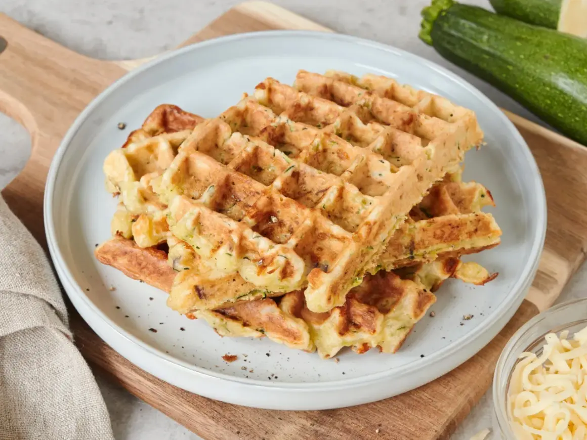 Goldbraune Zucchini-Waffeln auf einem Teller, daneben frische Zucchini und geriebener Käse. Ein leckeres zucchini waffeln rezept.